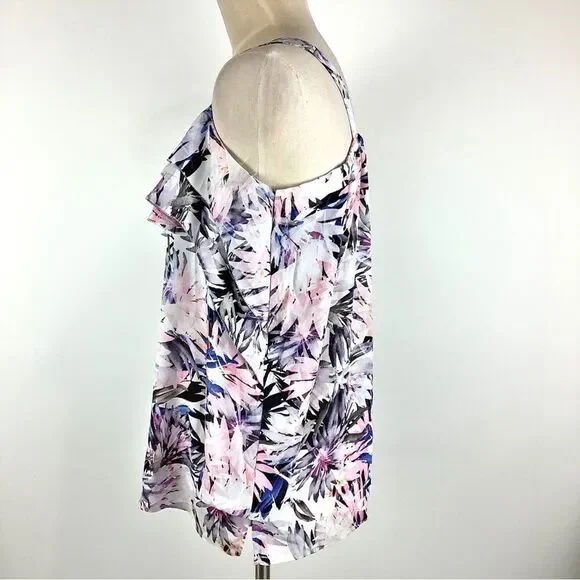 NYDJ Blouse Womens Medium Boho Hawaiian Tropical Floral Top Ruffle Cold Shoulder - Picture 5 of 13